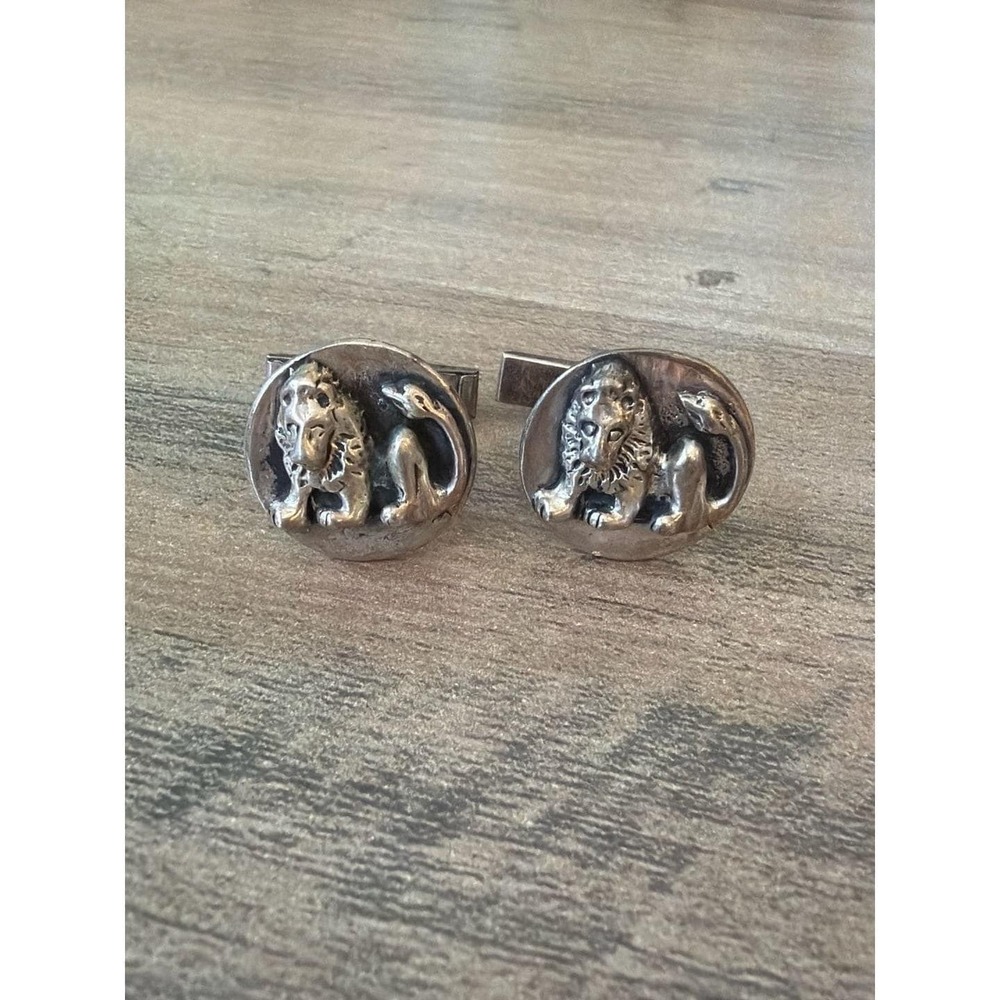 Vintage Oxidized Sterling Silver Relief‎ Lion T-Back Cufflinks